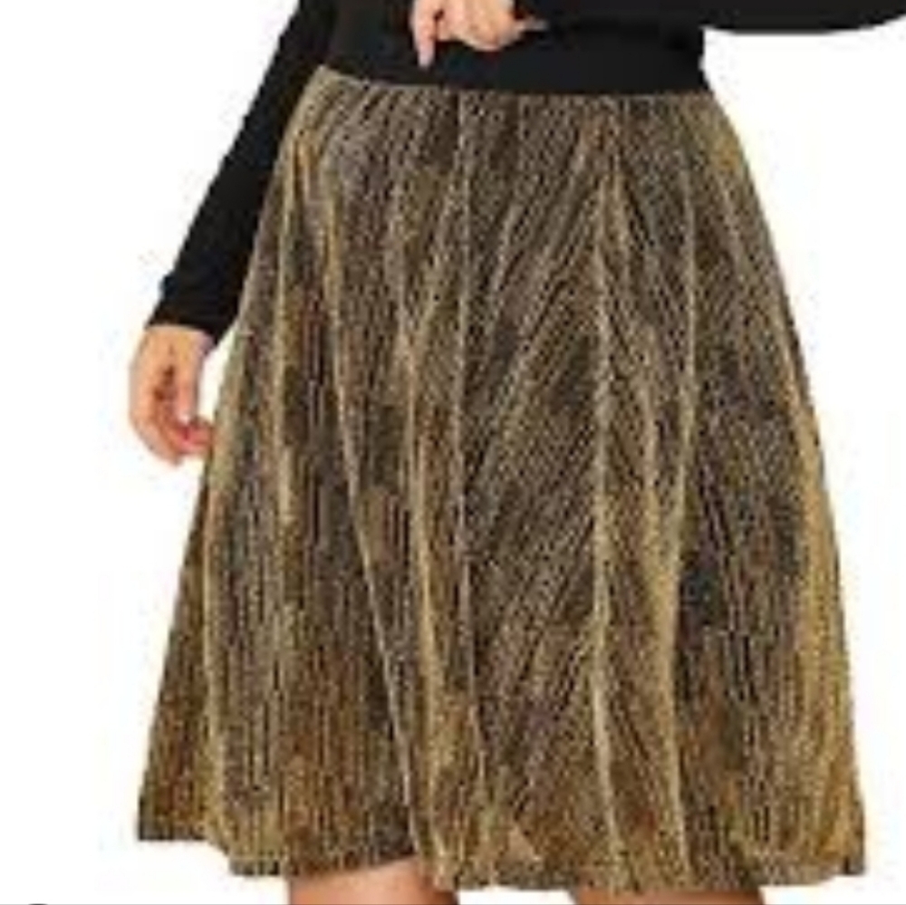 Flowing Gold and Black Metallic Midi Skirt with Elastic Waist size XL